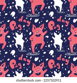 Seamless pattern with dancing pigs. The pig jumps and sprinkles water around him. Handwritten text. National Pig Day. The background for printing on textiles and paper. Party pig.