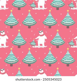 Seamless pattern with dancing polar bear and Christmas trees in cartoon style. Pink background. Perfect for kids design, decor textiles, fabric prints, Christmas cards and wrapping paper design.