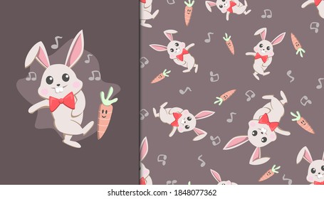 Seamless pattern with Dancing Rabbit and Carrot. Vector Illustration.