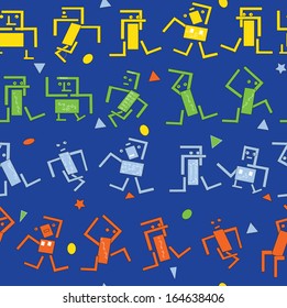 seamless pattern of dancing robots, vector drawn in primitive manner