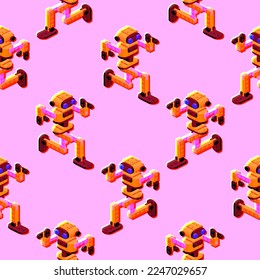 Seamless pattern of dancing robots. Vector clipart