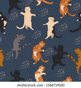 Seamless pattern of dancing seals on a blue background. Vector graphics.
