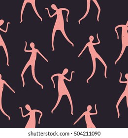 Seamless pattern dancing silhouettes, hand drawn illustration. Party label template. Ballet, Jazz, Belly, Ballroom, Swing, Break, Modern, Latin, Tango, Flamenco. Pictograph Icon