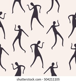 Seamless pattern dancing silhouettes, hand drawn illustration. Party label template. Ballet, Jazz, Belly, Ballroom, Swing, Break, Modern, Latin, Tango, Flamenco. Pictograph Icon