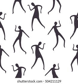 Seamless pattern dancing silhouettes, hand drawn illustration. Party label template. Ballet, Jazz, Belly, Ballroom, Swing, Break, Modern, Latin, Tango, Flamenco. Pictograph Icon