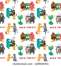 Seamless pattern with dancing and singing animals at the party, in doodle style. Fine for stationery, wrapping paper, fabric print.