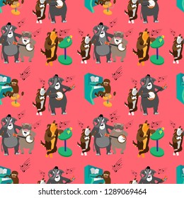 Seamless pattern with dancing and singing animals at the party, in doodle style. Fine for stationery, wrapping paper, fabric print.
