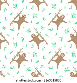 Seamless pattern of dancing sloths and leaves. Hand-drawn illustration of sloth for children, tropical summer, textile, texture, print, cover, wallpaper, fabric, clothes. Transparent background