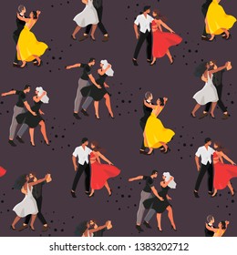 Seamless pattern with a dancing studio rehearsal that can be used for wrapping, fabric and other decor. Vector illustration of a young men and women attending dancing classes in a dance studio. 