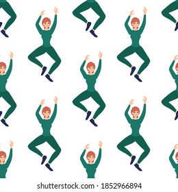 Seamless pattern with dancing stylish girl on a white background. Cheerful dance entertainment in a flat style. Relaxed happy woman.
Stock vector illustration for design, decor, fabric, wallpaper