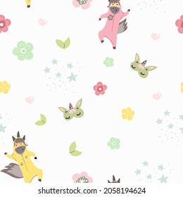 Seamless pattern with dancing unicorns, pajama party.