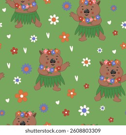 Сhildish seamless pattern with dancing wombat. Animal print, vector texture for kids birthday, fabric, wallpaper, wrapping paper, textile, t-shirt print