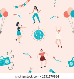 Seamless pattern with dancing women, balloons, disco ball, tape recorder, flowers. Vector illustration