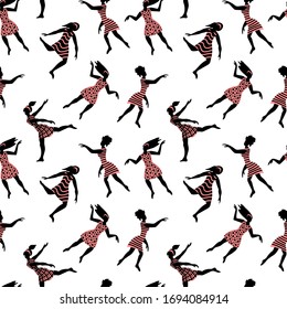 Seamless pattern with dancing women. Black and pink female silhouettes on white background. Flat vector illustration.