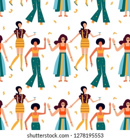 Seamless pattern with dancing women in bright clothes. Girl power background. Art can be used for International Women's Day.