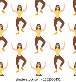 Seamless pattern with dancing wonderful girl on a white background. Cheerful dance entertainment in a flat style. Relaxed happy woman.
Stock vector illustration for design, decor, fabric, wallpaper