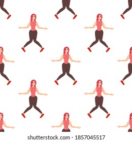 Seamless pattern with dancing wondrous girl on a white background. Cheerful dance entertainment in a flat style. Relaxed happy woman.
Stock vector illustration for design, decor, fabric, wallpaper