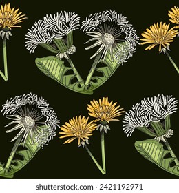 Seamless pattern dandelion flower head hand drawn colorful sketch for drawing book vector illustration on brown background