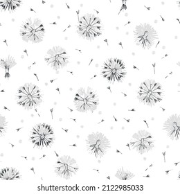 Patrón sin brillo con cabezales de flores de diente de león en un estilo acogedor sobre un delicado fondo blanco para el diseño de superficies y otros proyectos de diseño