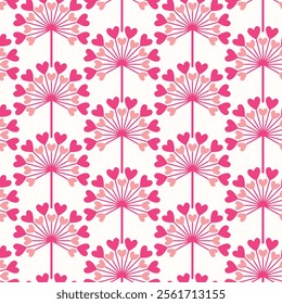 Seamless pattern of dandelion flowers with hearts on isolated background. Design for Valentine’s Day, Wedding, Mother’s day celebration, greeting cards, invitations, scrapbooking, home decoration.