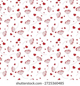 Patrón sin fisuras de flores de diente de león con corazones sobre fondo aislado. Diseño para el día de San Valentín, Boda, celebración del día de las madres, tarjetas de felicitación, invitaciones, scrapbooking, decoración del hogar.