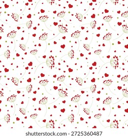 Patrón sin fisuras de flores de diente de león con corazones sobre fondo aislado. Diseño para el día de San Valentín, Boda, celebración del día de las madres, tarjetas de felicitación, invitaciones, scrapbooking, decoración del hogar.