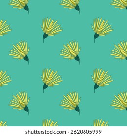 Seamless pattern with dandelion flowers, stylized doodle drawings of dandelion buds. Spring vibe. On blue background.
