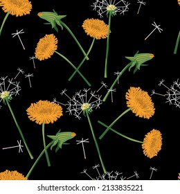 Seamless pattern with dandelion flowers,seeds and buds in yellow and green color on black.Cute floral background or texture for printing on fabrics and paper.Vector illustration with realistic plants.