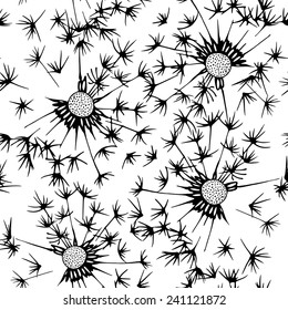 Seamless pattern of dandelion . Hand-drawn floral background. Black and white vector illustration.