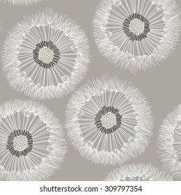 Seamless pattern of dandelion. Hand-drawn floral background. Monochrome  vector illustration.