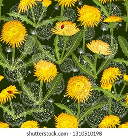 Seamless pattern with  dandelion isolated on green. Excellent print for greeting cards, clothes, bed linens, fabric, textiles, wallpaper, wrapping paper, gift box.