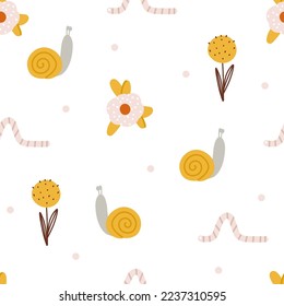 Seamless pattern of dandelion, snail, earthworm, flower ​on white background in cartoon style for fabric textile, print, wallpaper, apparel, wrapping