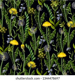 Seamless pattern with dandelion and wild flowers