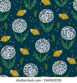 Seamless pattern with dandelions and bees on a dark background.