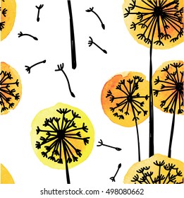 Seamless pattern with dandelions. Cute illustration with ink spots. Simple spring background in Scandinavian style.