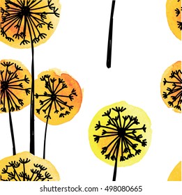 Seamless pattern with dandelions. Cute illustration with ink spots. Simple spring background in Scandinavian style.