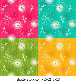 seamless pattern with dandelions and dragonflies on colorful background
