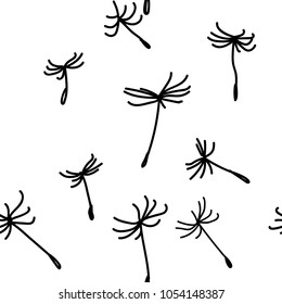 Seamless pattern with dandelions. Drawing by hand, children's drawing. Black and white. Stylish simple background.