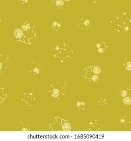 Seamless pattern with dandelions and flying seeds in circular layout. Vector illustration in shades of yellow and cream. Isolated from background.