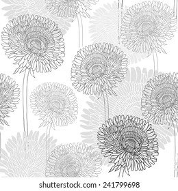 Seamless pattern of dandelions . Hand-drawn floral background, monochrome vector illustration.
