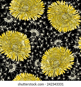 Seamless pattern of dandelions . Hand-drawn floral background,  vector illustration.