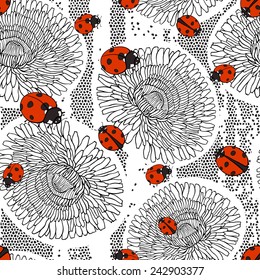 Seamless pattern with dandelions and ladybirds. 