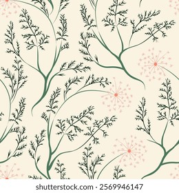 Seamless pattern with dandelions, leaves and herbs. Vector botanical illustration.