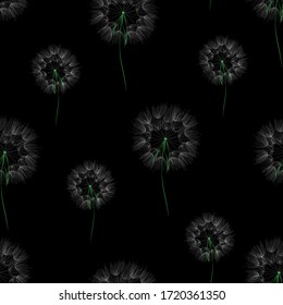 Seamless pattern with dandelions on a black background. For wrapping paper, textiles, Wallpaper, pillow prints, bedding, clothing, underwear, postcards