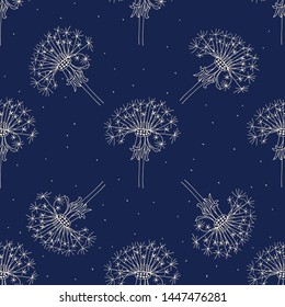 Seamless pattern of dandelions on a navy background. Perfect for fabric, packing, and home decor projects.