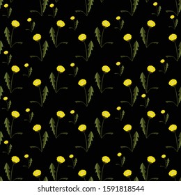 Seamless pattern with dandelions on simple black background. Flat design. Vector Illustration