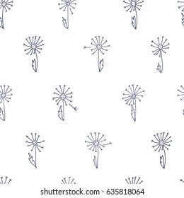 Seamless pattern with dandelions on white background.  Summer design element  for fabric, textile, wrapping paper. 
