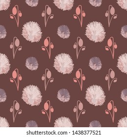 Seamless pattern with dandelions and plants in geometric layout. Vector illustration in watercolour style.