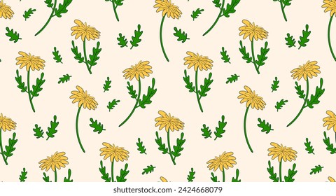 Seamless pattern with dandelions in retro groovy style. Vector, abstract background with cartoon yellow flowers.