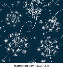 Seamless pattern with dandelions and seeds flying